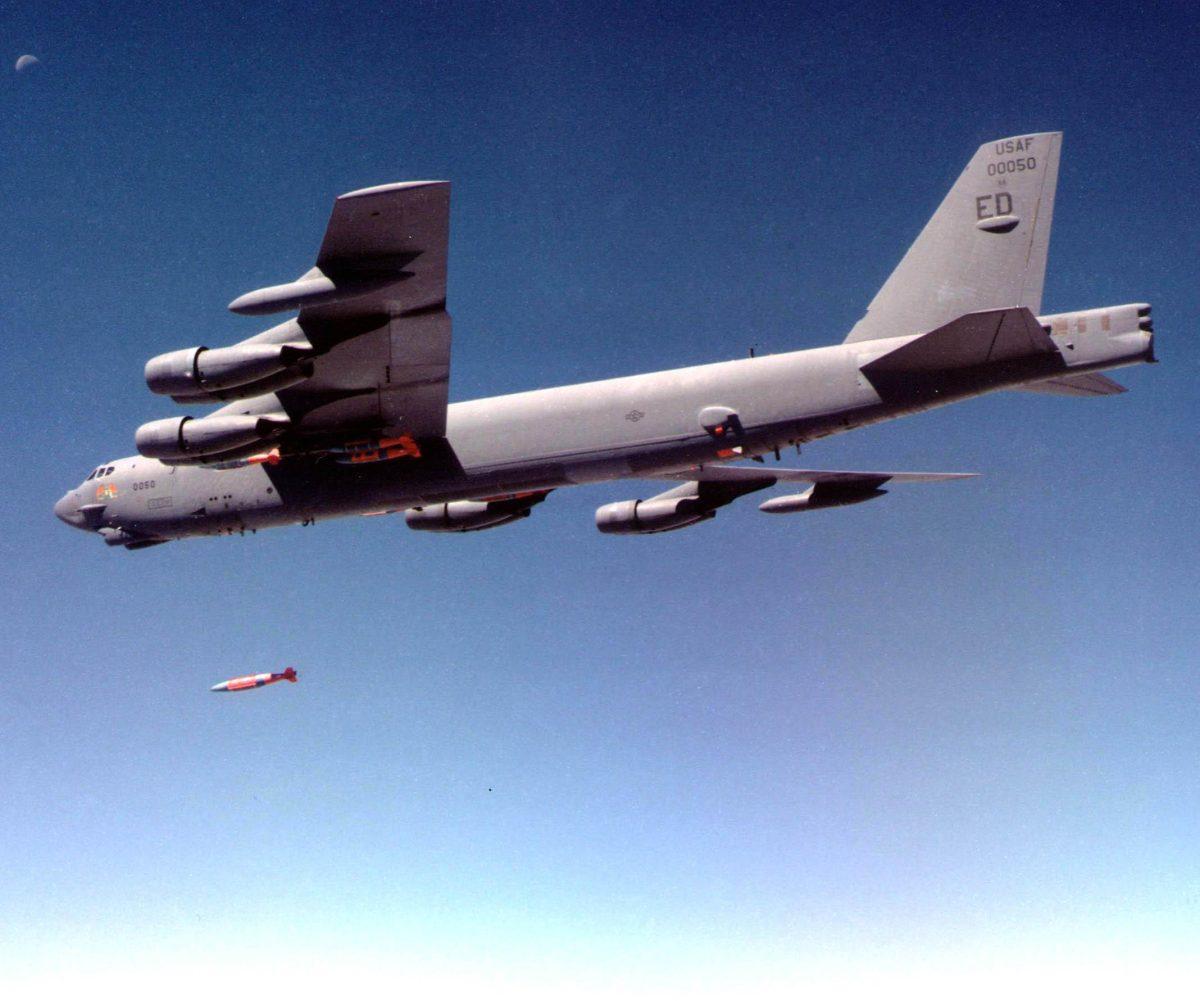 A B-52H Stratofortress from the 419th Flight Test Squadron from Edwards Air Force Base, Calif., releases a Joint Direct Attack Munition during a recent test. (Air Force photo)