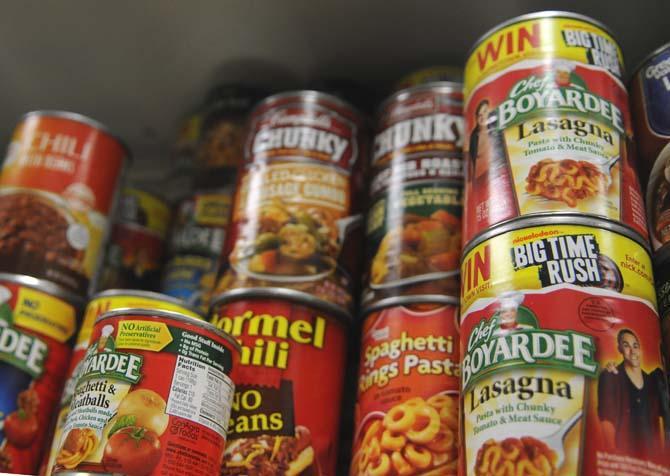 Cans of food that have been donated to the food pantry during the holiday season.