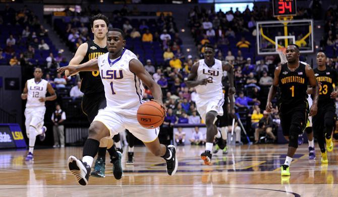 LSU junior guard Anthony Hickey (1) dribbles down the court Friday, Nov. 22, 2013 during the Tigers' 89-66 victory against Southeastern in the PMAC.