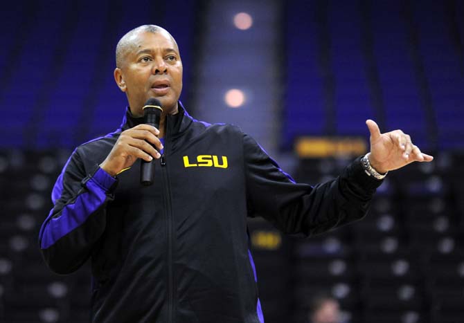 LSU men's basketball head coach Johnny Jones speaks Thursday during Bayou Madness in the PMAC.