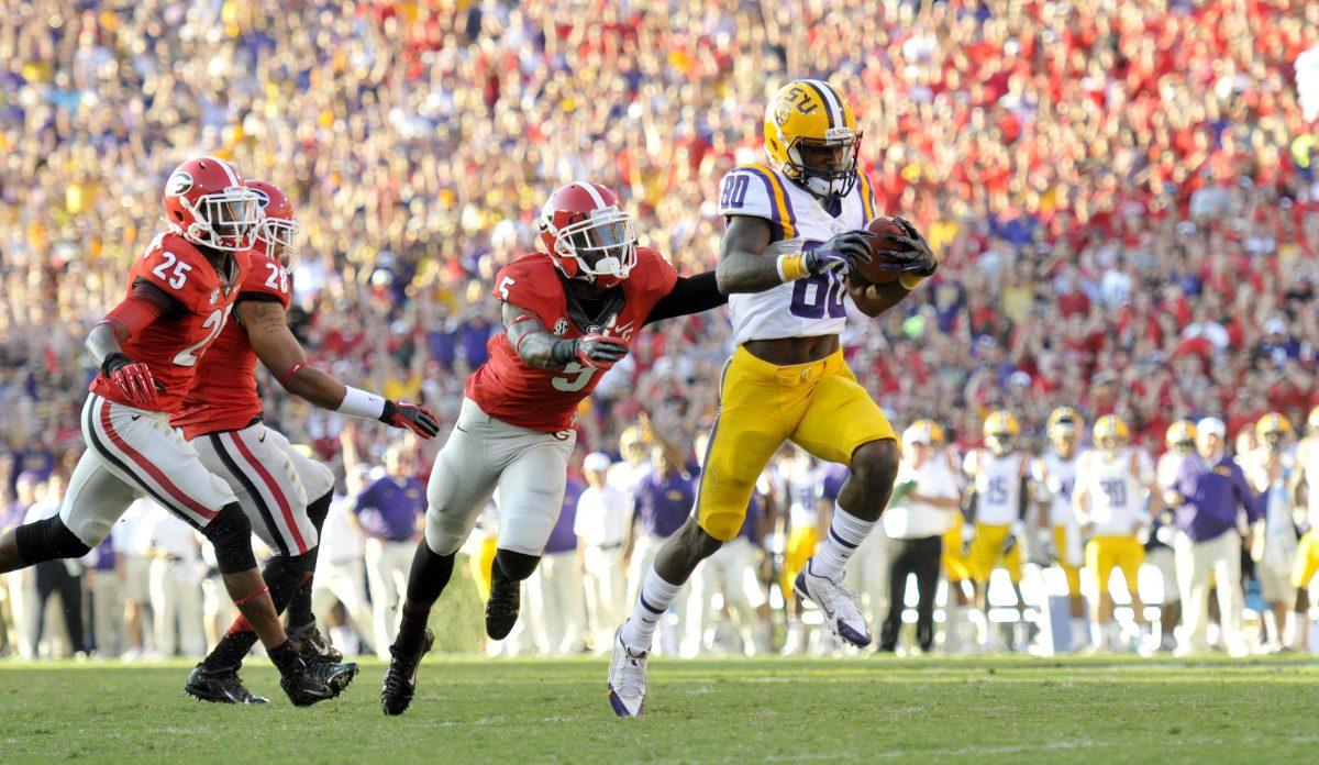 LSU junior wide receiver Jarvis Landry (80) runs across the field and into the endzone to score a touchdown Saturday, Sept 28, 2013 during UGA's 44-41 victory against the Tigers in Sanford Stadium.