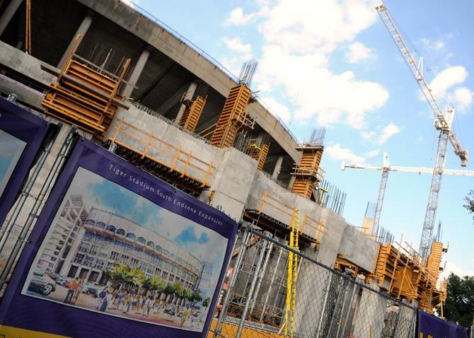 Construction workers continue to work on the south side of Tiger Stadium on Aug. 27, 2013 as part of the Tiger Stadium South Endzone Expansion Project.