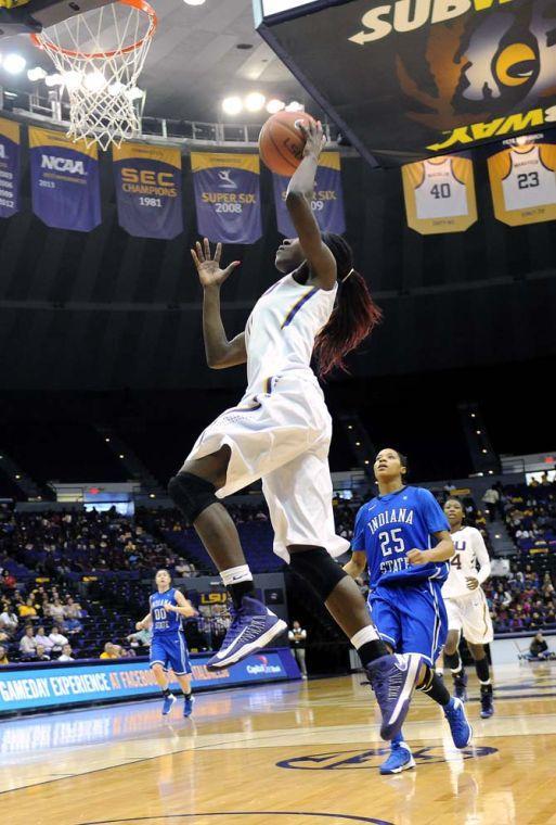 LSU freshman guard Raigyne Moncrief (11) takes a shot Tuesday, Dec. 2, 2013 during the Tigers' 83-66 victory against Indiana State in the PMAC.