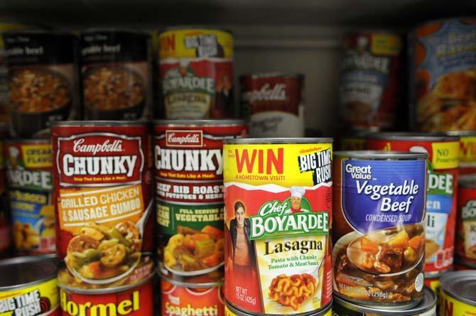 Cans of food that have been donated to the food pantry during the holiday season.