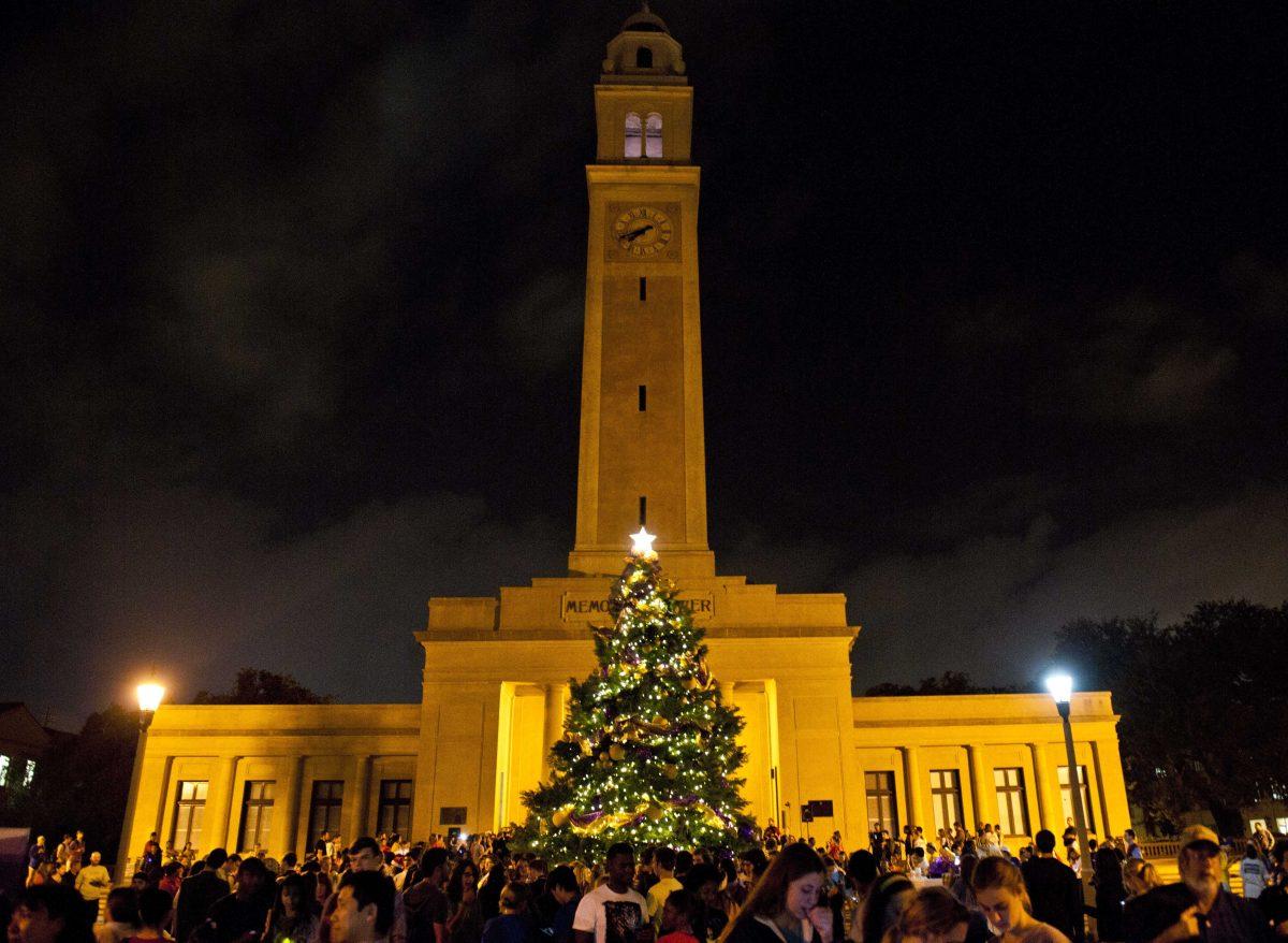 LSU students and event attendees gather at the LSU Memorial Tower Wednesday, Dec. 4, 2013 for the annual lighting of the LSU Christmas Tree.