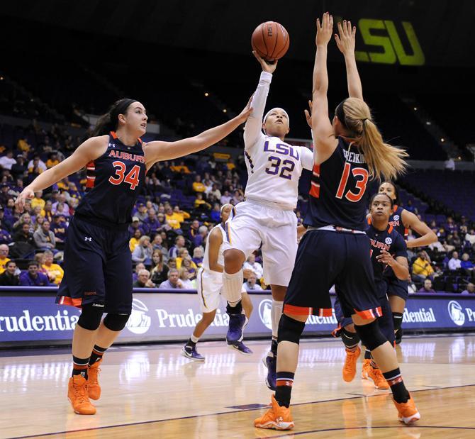 LSU sophomore guard Danielle Ballard (32) shoots a field goal Thursday, Jan. 23, 2013 during the Lady Tigers' 71-60 victory against Auburn in the PMAC.