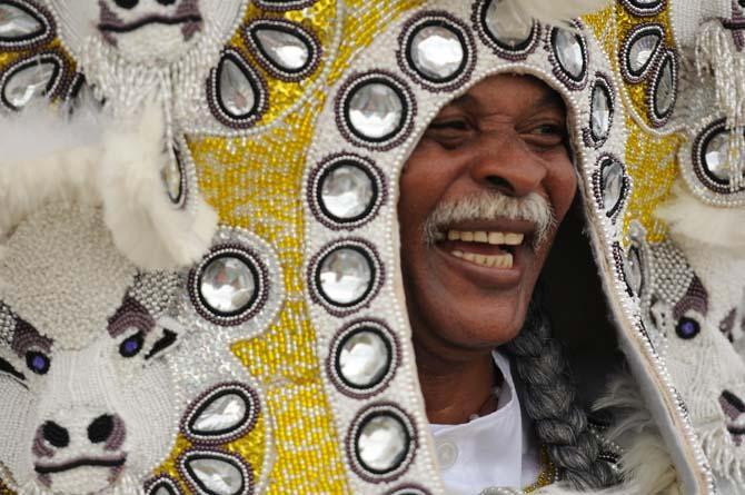 Big Chief David Montana performs with Mardi Gras Indian Orchestra Friday, April 26, 2013 at the New Orleans Jazz &amp; Heritage Festival on the Fair Grounds Race Course.