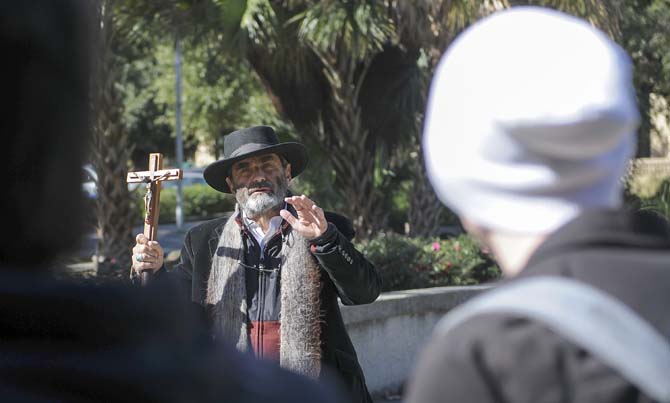 Brother Jed preaches to students Wednesday, Jan. 22, 2014 in Free Speech Plaza.