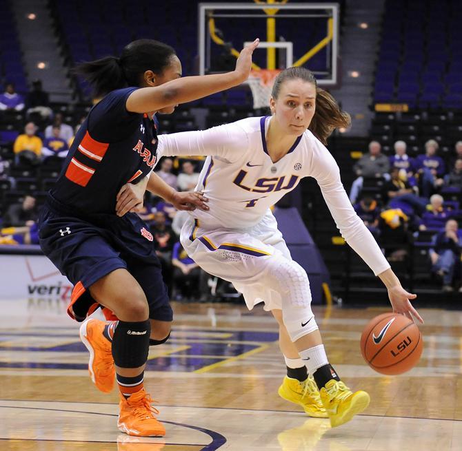 LSU sophomore guard Anne Pedersen (4) drives toward the basket Thursday, Jan. 23, 2013 during the Lady Tigers' 71-60 victory against Auburn in the PMAC.