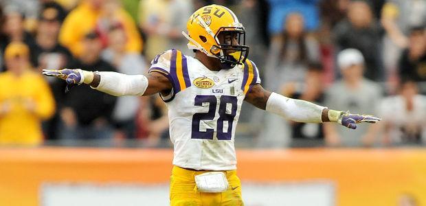 LSU sophomore cornerback Jalen Mills (28) celebrates after a failed forth down conversion by Iowa on Wednesday, Jan. 1, 2014 during the Tigers' 21-14 victory against the Iowa Hawkeyes in the Outback Bowl at Raymond James Stadium in Tampa, Florida.