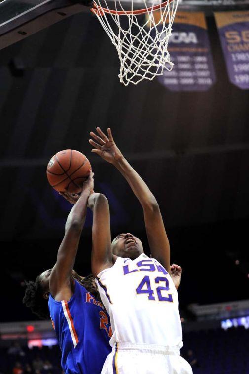 LSU junior forward Sheila Boykin (42) jumps to attempt a layup Sunday, Jan. 12, 2014 during the Tigers' 82-68 victory against Florida in the PMAC.