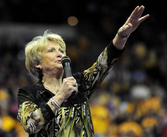 LSU gymnastics head coach D-D Breaux thanks fans for attending Friday, Jan. 31, 2014 during the Tigers' 197.650-196.825 victory against Alabama in the PMAC. The crowd was the second largest in gymnastics history.