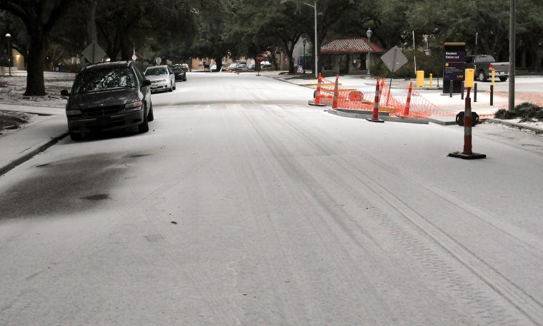 Snow blankets South Campus drive on Tuesday, Jan. 28, 2013 in front of the Life Sciences Building.