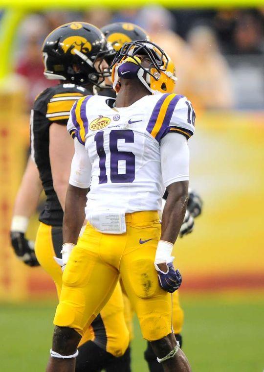 LSU freshman defensive back Tre'Davious White (16) celebrates after a successful play Wednesday, January 1, 2014 during the Tigers' 21-14 victory against Iowa in the Outback Bowl at Raymond James Stadium in Tampa, Florida.