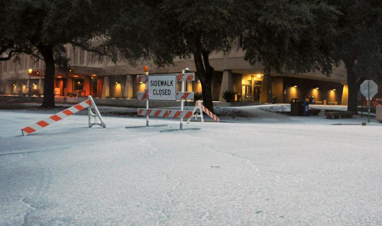 Sidewalks on South Campus drive closed due to snow and ice Tuesday, Jan. 28, 2013 causing unsafe conditions.