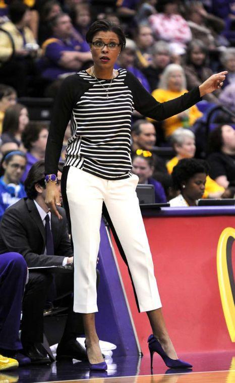 LSU head coach Nikki Caldwell communicates with her team from the bench Sunday, Jan. 12, 2014 during the Tigers' 82-68 victory against Florida in the PMAC.