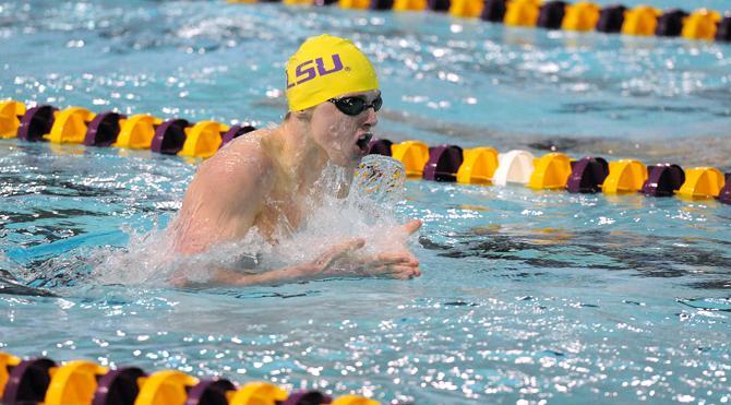 LSU freshman swimmer Silas Dejean competes Saturday, Jan. 18, 2013 during the Tiger's meet with Texas A&amp;M in the men's 400 yard medley relay in the LSU natatorium.