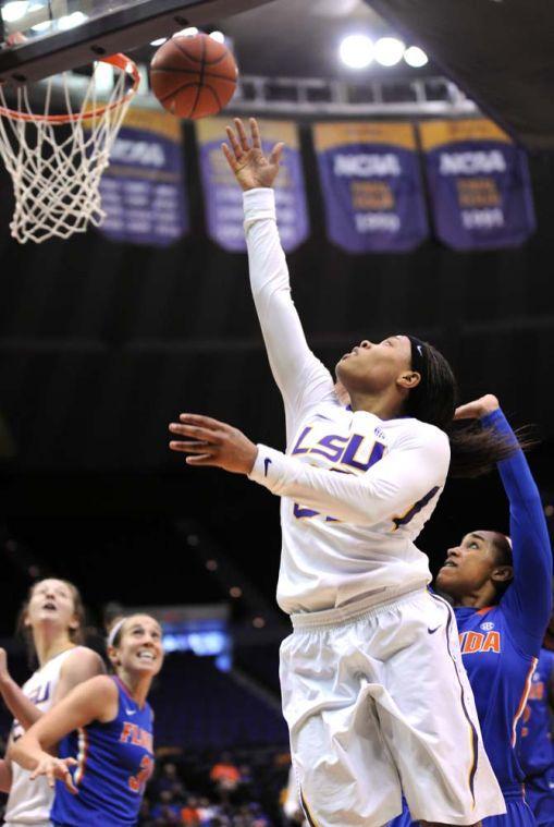 LSU sophomore guard Danielle Ballard (32) attempts a layup Sunday, Jan. 12, 2014 during the Tigers' 82-68 victory against Florida in the PMAC.