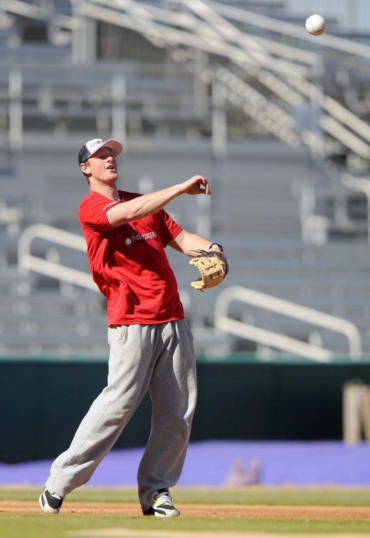 Former LSU baseball player Brad Hawpe throws the ball Saturday, January 18th, 2014 during the 2 Seam Dream Cancer Awareness Day Home Run Derby at Alex Box Stadium, Skip Bertman Field.