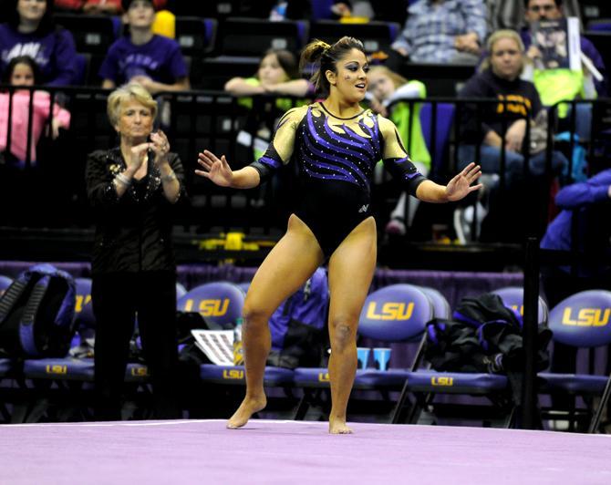 LSU Gymnast, Jessica Savona, while performing her flat routine at the LSU vs Auburn Gym Meet at the PMAC on 1.25.14.