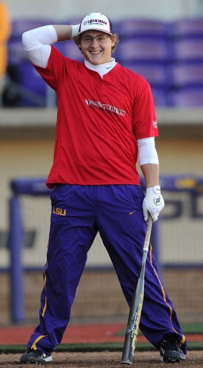 Former LSU baseball player Mason Katz smiles at the crowd Saturday, January 18th, 2014 during the 2 Seam Dream Cancer Awareness Day Home Run Derby at Alex Box Stadium, Skip Bertman Field.