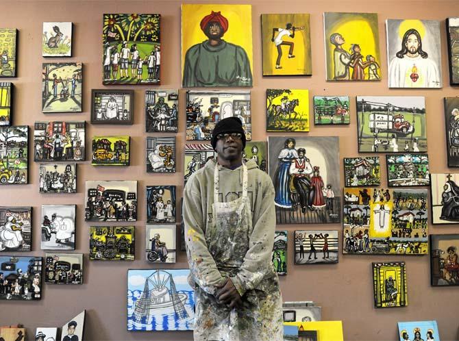 Alvin Batiste is a folk artist based out of Donaldsonville, La., who depicts images of Southern life in his "primitive art" style paintings. Batiste said some of his favorite paintings are either religious or based on farm work in Louisiana.