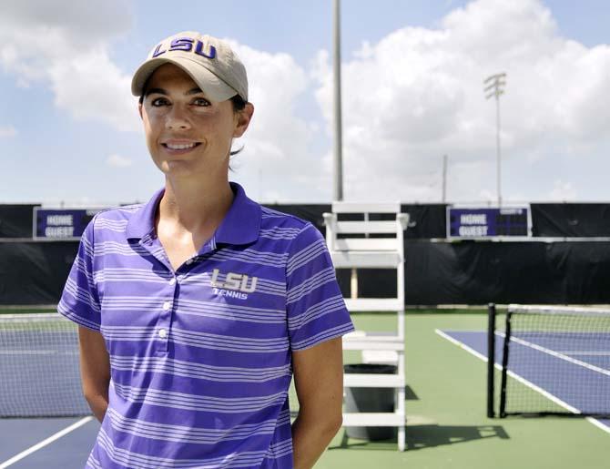 Julia Sell, LSU Woman's Tennis Head Coach, stands on the courts at W.T. 'Dub' Robinson Stadium on June 12, 2013.