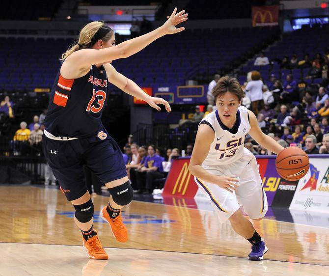 LSU freshman guard Rina Hill dribbles toward the basket Thursday, Jan. 23, 2013 during the Lady Tigers' 71-60 victory against Auburn in the PMAC.&#160;