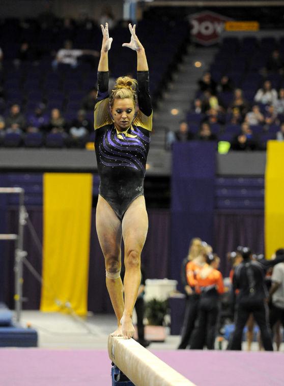 LSU Gymnast, Kaleigh Dickson, preparing for her balance beam routine at the LSU vs Auburn Gym Meet on 1.25.14 in the PMAC.