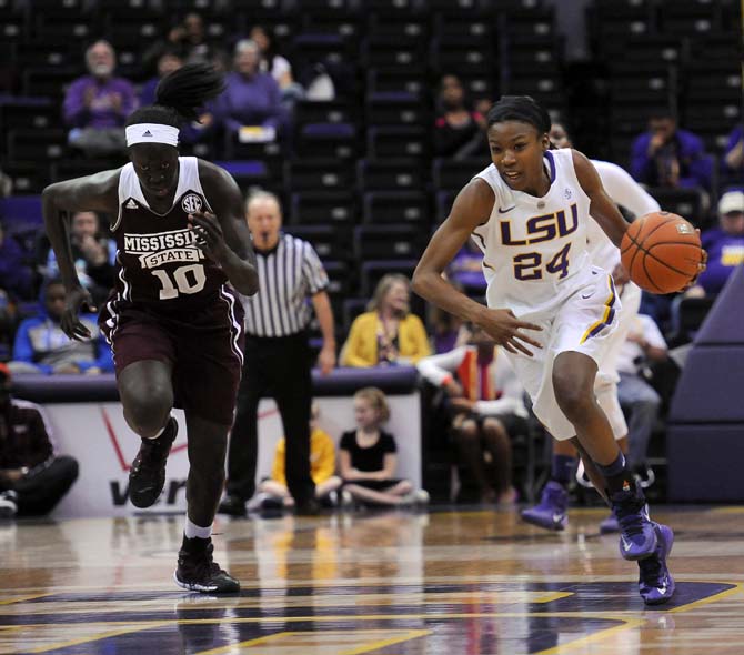 LSU junior guard DaShawn Harden (24) dribbles down the court Thursday, Jan. 30, 2013 during the Lady Tigers' 65-56 victory against Mississippi State in the PMAC.