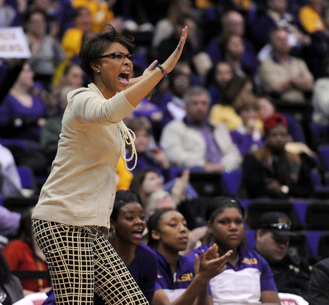 LSU head woman's baskeball coach Nikki Caldwell yells to the players on the court Thursday, Jan. 30, 2013 during the Lady Tigers' 65-56 victory against Mississippi State in the PMAC.