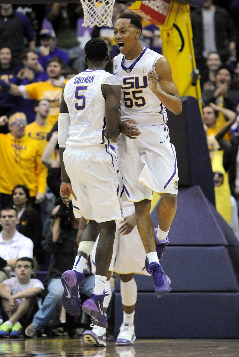 LSU freshman guard Tim Quarterman (55) and senior forward Shavon Coleman (5) celebrate after a defensive play Tuesday, Jan. 21, 2014, during LSU's 77-71 win over Mizzou.