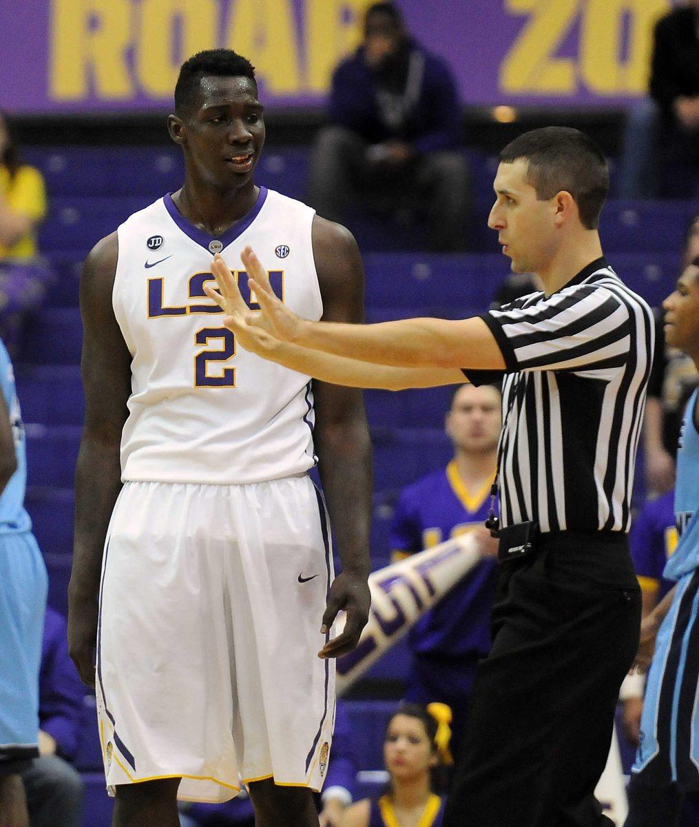 LSU junior forward Johnny O'Bryant III (2) stares down a referee following a call Saturday, Jan. 4, 2014 during the Tigers' 70-74 loss to the Rams in the PMAC.