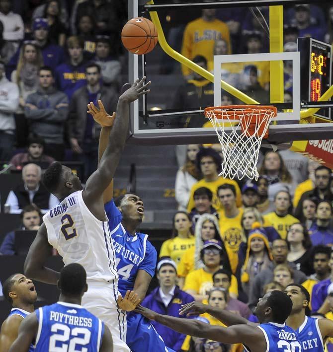 LSU junior forward Johnny O'Bryant III (2) shoots over the Kentucky defense Tuesday, Jan. 28, 2014 during the Tigers' 87-82 win against the Wildcats in the PMAC. O'Bryant finished the night with 29 points and 9 rebounds.