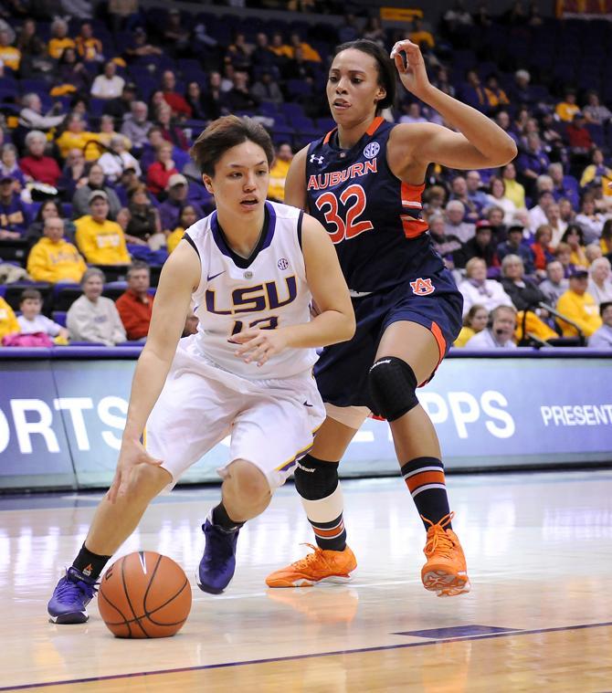 LSU freshman guard Rina Hill (13) drives toward the basket Thursday, Jan. 23, 2013 during the Lady Tigers' 71-60 victory against Auburn in the PMAC.