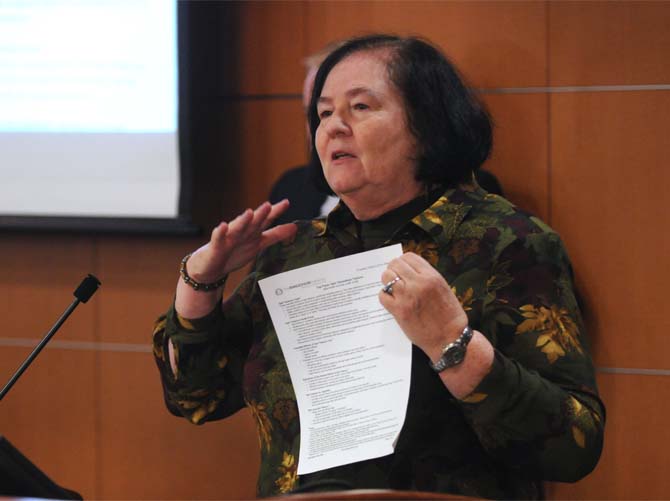 Associate professor Judith Sylvester discusses the smoke-free initiative on campus Wednesday, Jan. 15, 2014, at the first Student Government meeting of the semester.