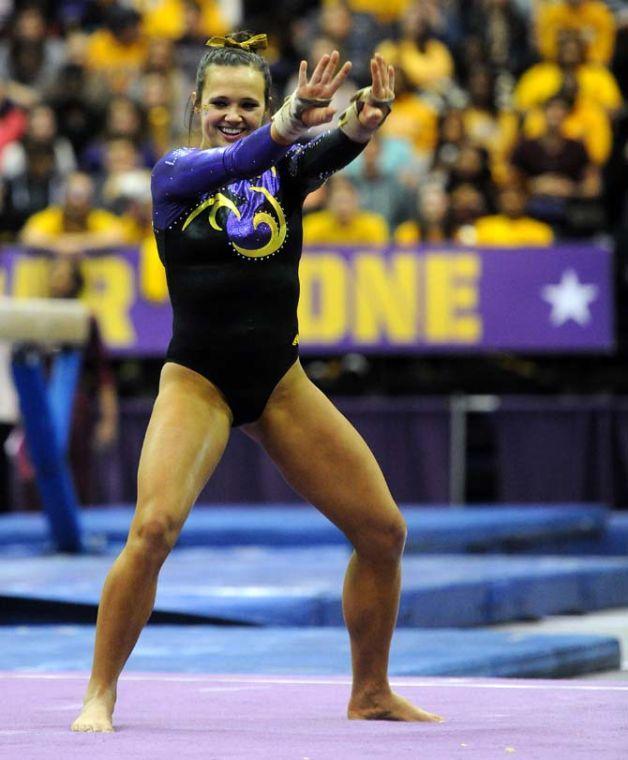 LSU freshman all-around gymnast Ashleigh Gnat dances during her floor routine Friday, Jan. 31, 2014 during the Tigers' 197.650-196.825 victory against Alabama in the PMAC.