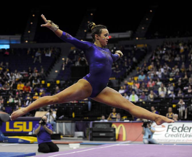 LSU freshman all-around Ashleigh Gnat performs her floor routine Friday, Jan. 10, 2014 during the Tigers' 197.200-181.275 win against Centenary in the PMAC.