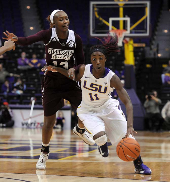 LSU freshman guard Raigyne Moncrief (11) drives toward the goal Thursday, Jan. 30, 2013 during the Lady Tigers' 65-56 victory against Mississippi State in the PMAC.