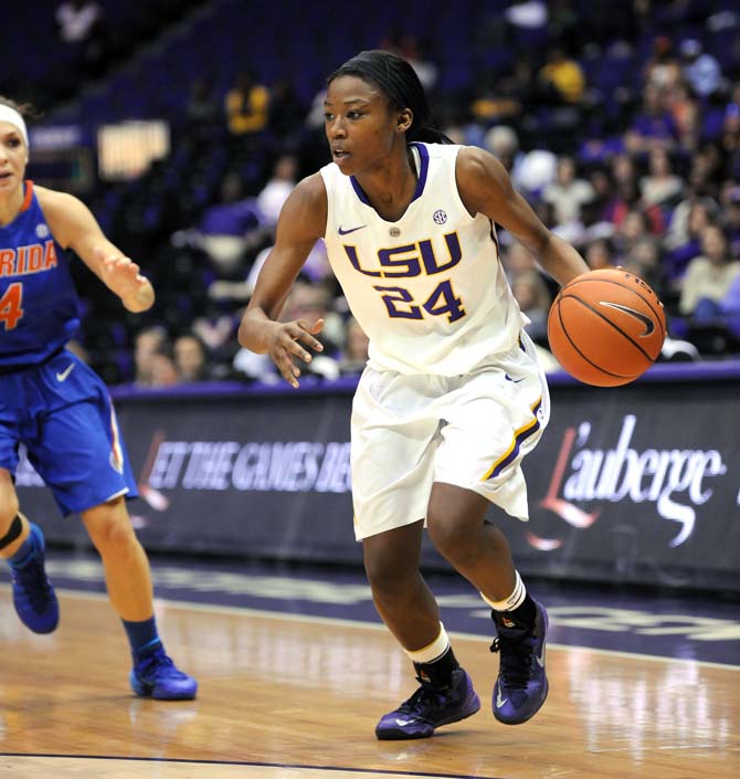 LSU junior guard DaShawn Harden (24) navigates toward the net Sunday, Jan. 12, 2014 during the Tigers' 83-68 victory against the Gators in the PMAC.