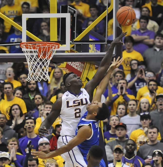 LSU junior forward Johnny O'Bryant III (2) blocks a Kentucky shot Tuesday, Jan. 28, 2014 during the Tigers' 87-82 win against the Wildcats in the PMAC.