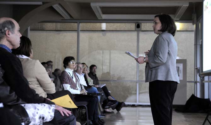 Katherine Whitney speaks to an audience Wednesday, Feb. 12, 2014 during the Retirement Forum in the Atchafalaya Room in the Student Union.