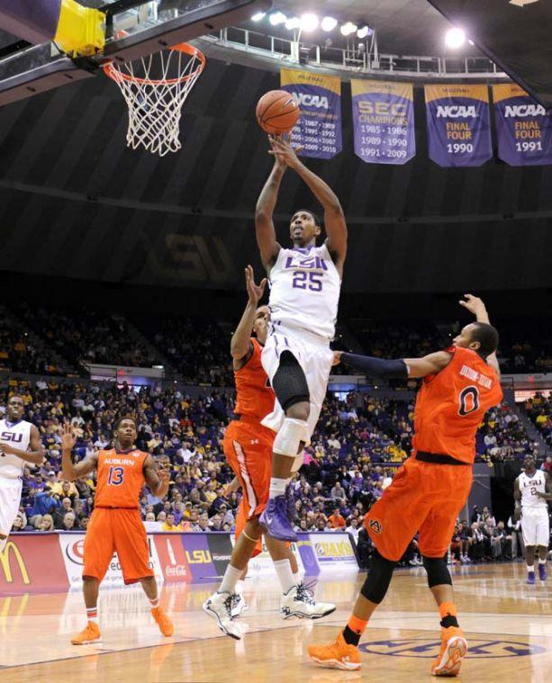 LSU freshman forward Jordan Mickey (25) attempts a lay up Saturday, Feb. 8, 2013 during the Tigers' 87-80 victory against the Auburn Tigers in the PMAC.