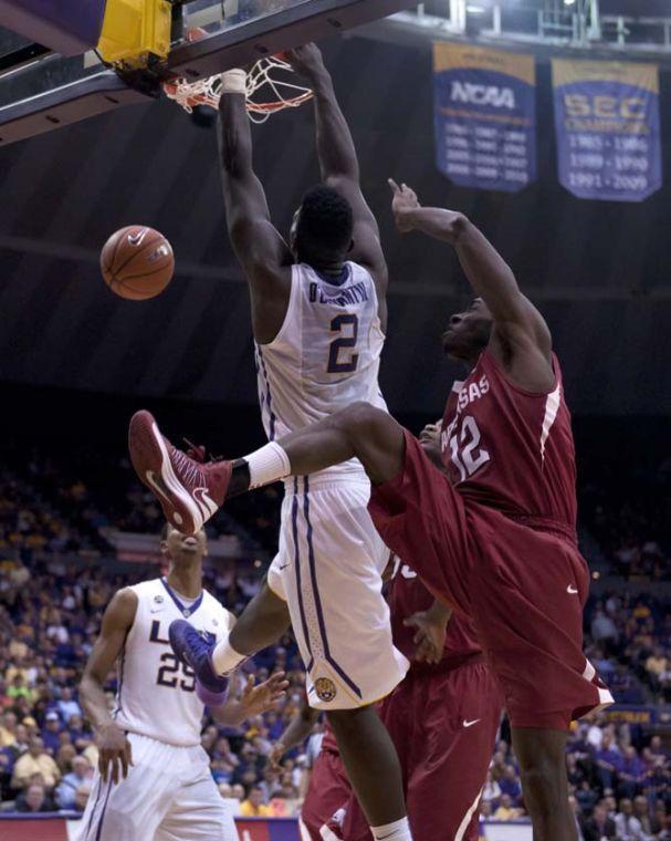 LSU junior forward Johnny O'Bryant III (2) dunks the ball Saturday, Feb. 2, 2014, during the Tigers' 88-74 victory against Arkansas in the PMAC.