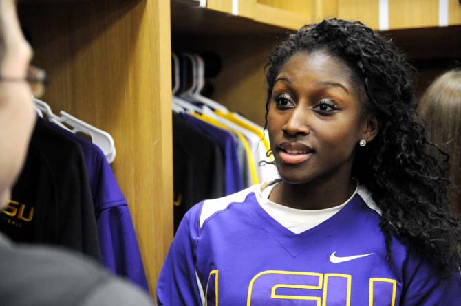 LSU junior outfielder A.J. Andrews (6) speaks to a reporter Monday at the annual Softball Media Day at Tiger Park.