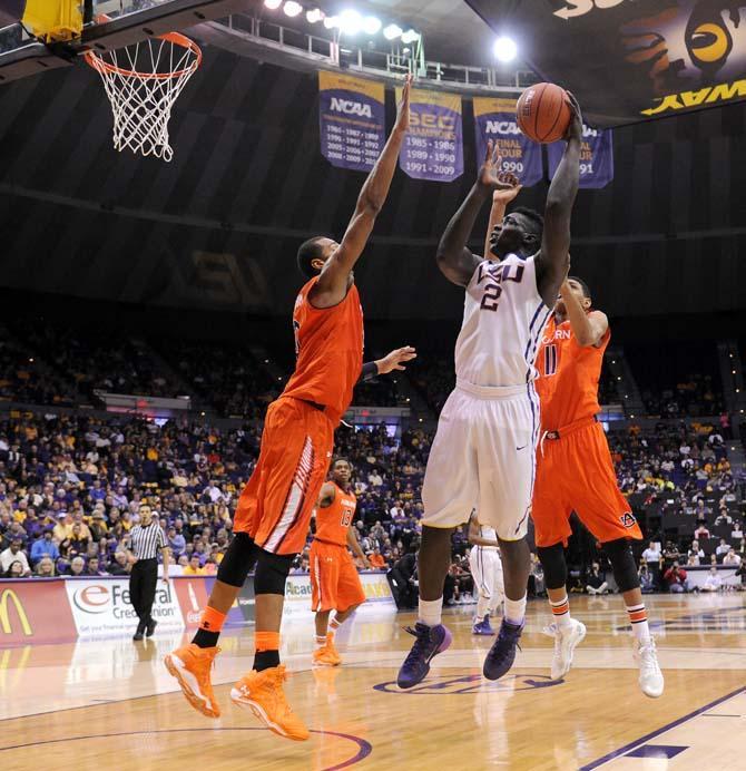 LSU junior forward Johnny O'Bryant III attempts a hook shot Saturday, Feb. 8, 2013 during the Tigers' 87-80 victory against the Auburn Tigers in the PMAC.