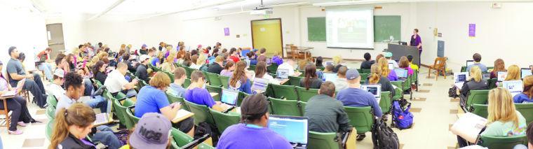 Kira Arthurs, sociology graduate student, teaches Sociology 2001 in the basement of Lockett Hall Monday afternoon February 27, 2011.