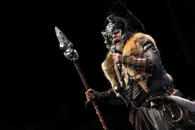 Cosplayer costume contestant "Odin", King of Asgard, rallies up the croud Saturday, Feb. 8, 2014 at the Wizard World New Orleans Comic Convention held in the New Orleans Convention Center.