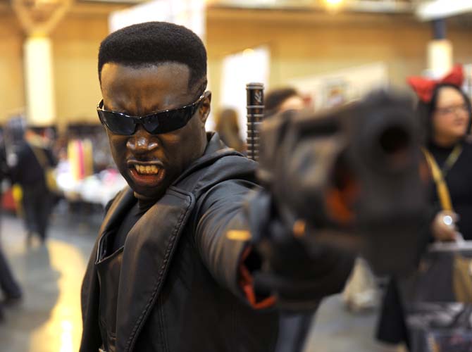 A "Blade" cosplayer poses for fellow guests Saturday, Feb. 8, 2014 at The Wizard World New Orleans Comic Con held at the New Orleans Convention Center.