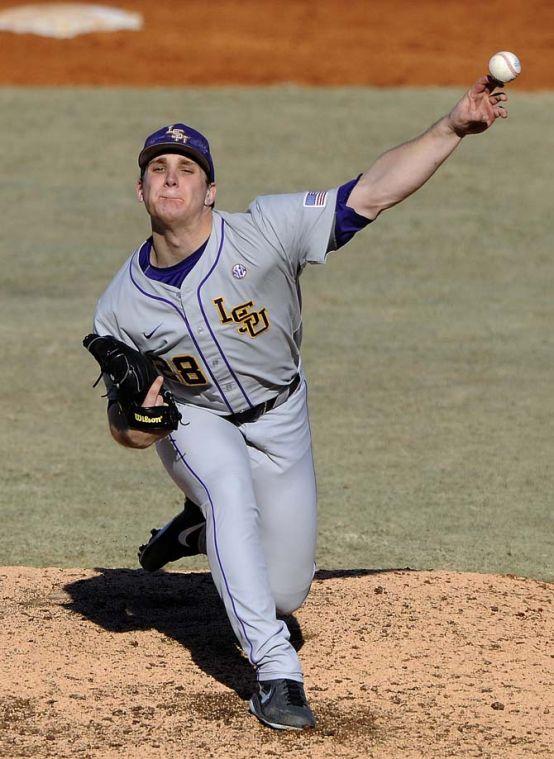 LSU junior pitcher Kyle Bouman (28) pitches Saturday, Feb. 15, 2014 during the Tigers' 7-4 victory against the University of New Orleans at Zephyr Field in New Orleans, LA.